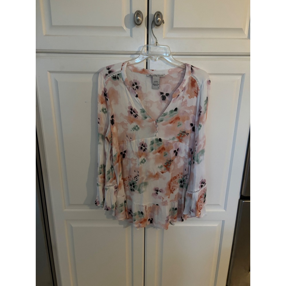 American Rag Floral V-Neck Blouse Bell Sleeve Boho Top Peach Green Large